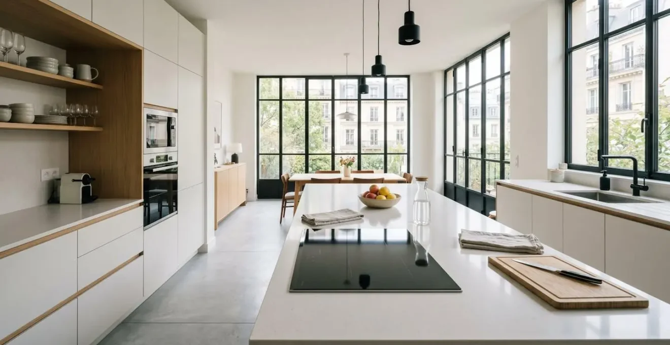 Vue large d'une cuisine ouverte contemporaine française avec plaque à induction quatre foyers intégrée dans le plan de travail, lumière naturelle généreuse, lignes épurées