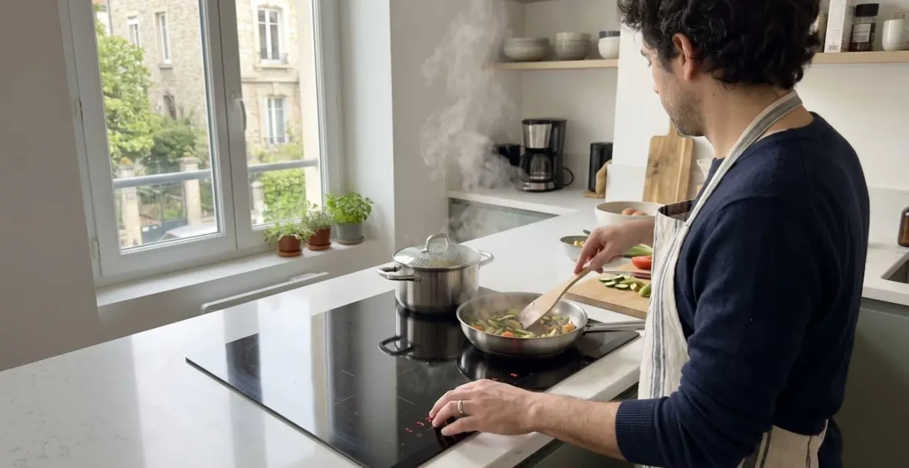 Personne de dos préparant un repas sur une plaque à induction moderne à quatre foyers, mains en action sur les commandes tactiles, vapeur s'élevant des casseroles